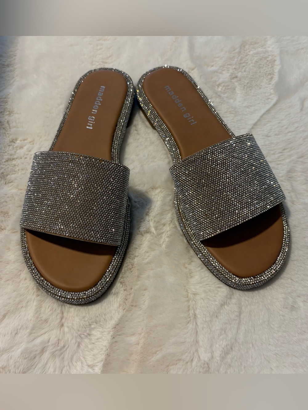 Madden Girl Silver Rhinestone Slide Sandals